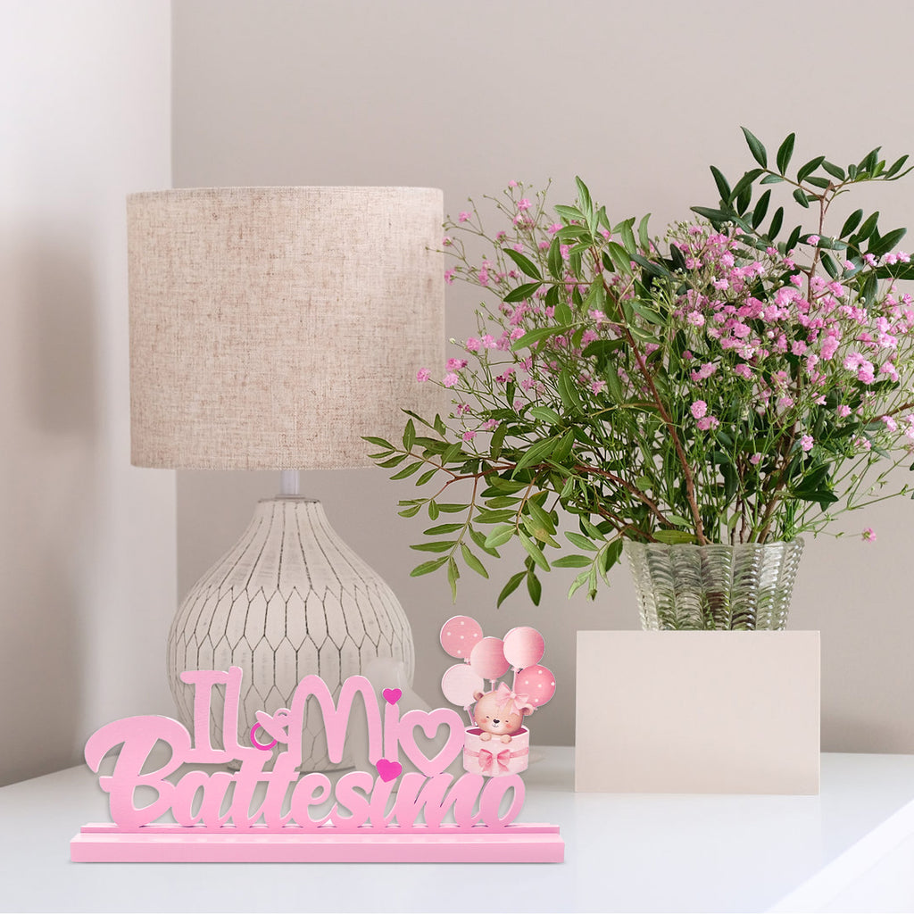 Décoration en bois pour le baptême rose – Élégante pièce en bois rose pour le baptême festif