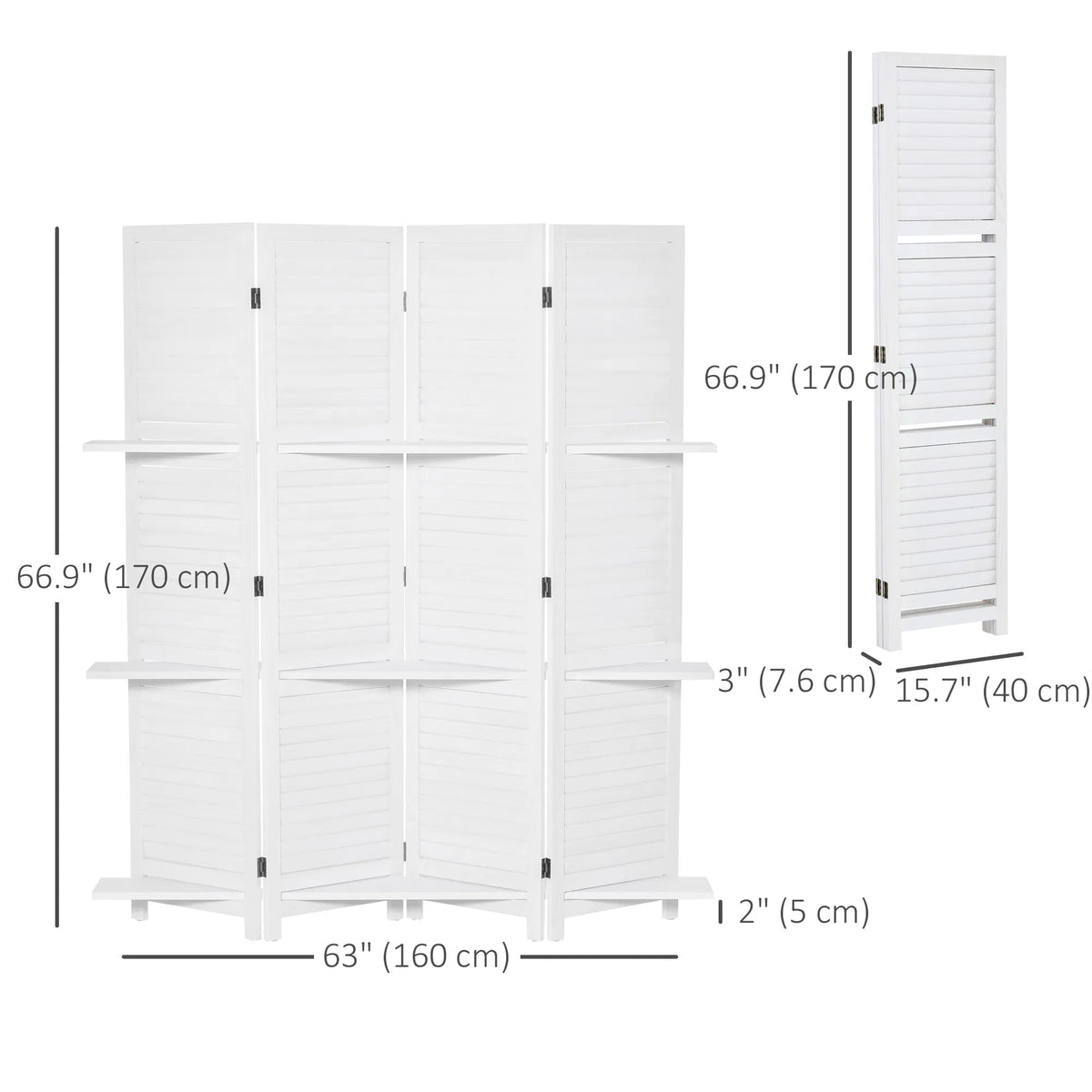 Séparateur de salle de séparation murale 4 panneaux avec 3 étagères de rangement Cadre en bois pliable