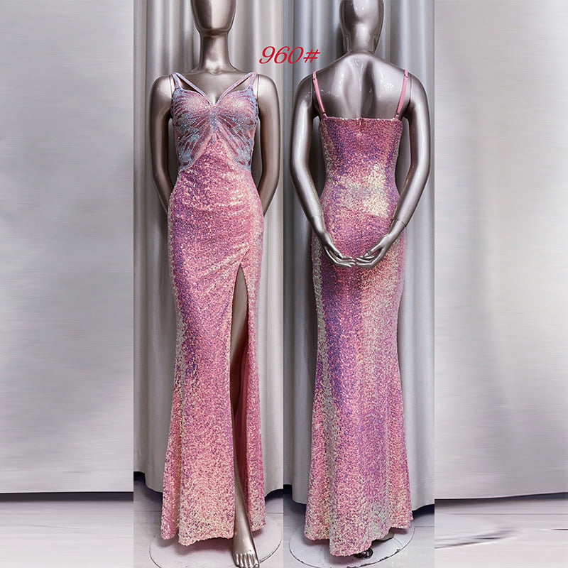 Robe de soirée pailletée Automne et hiver Violet Français Style Banquet haut de gamme