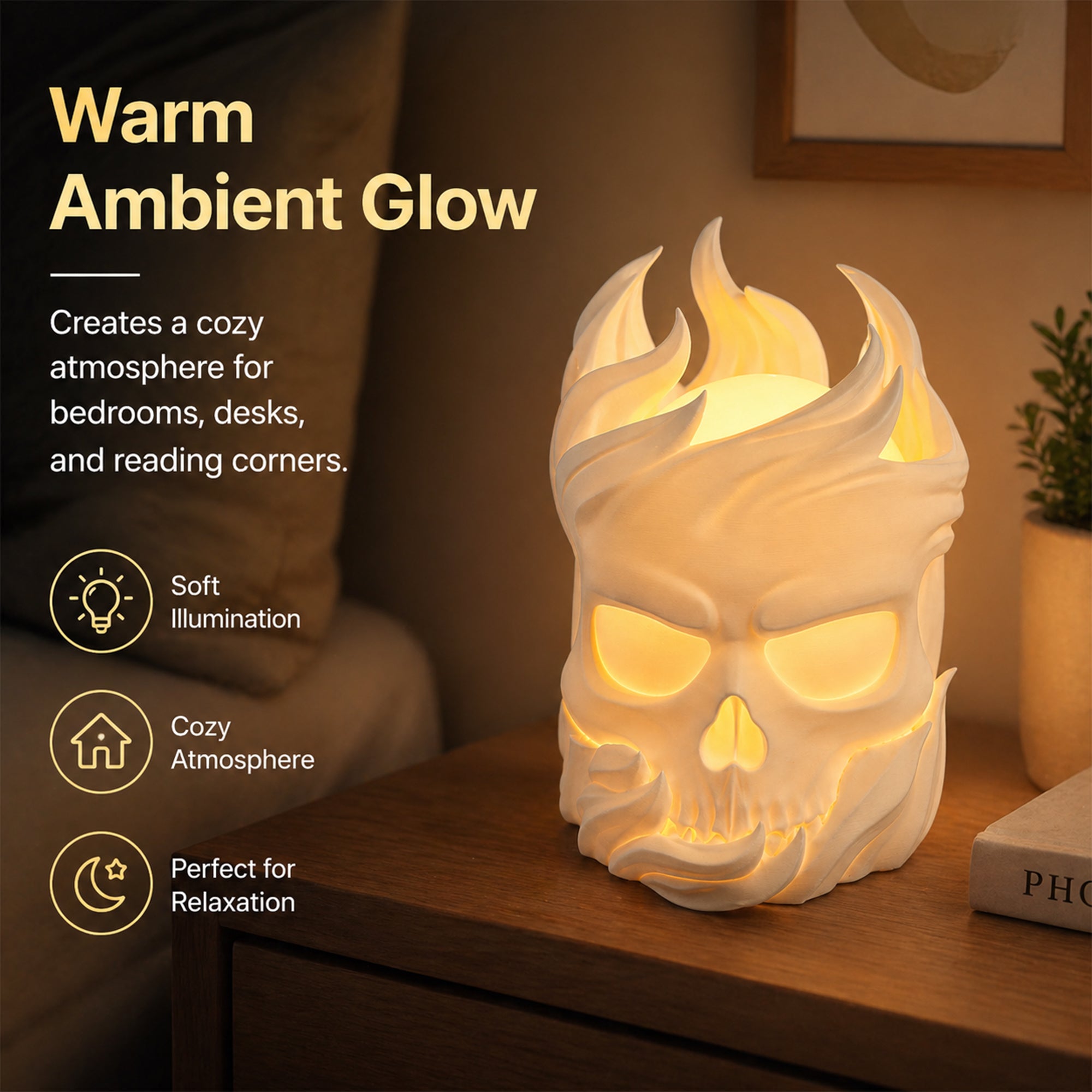 Lampe de table 3D imprimée de crâne de flamme