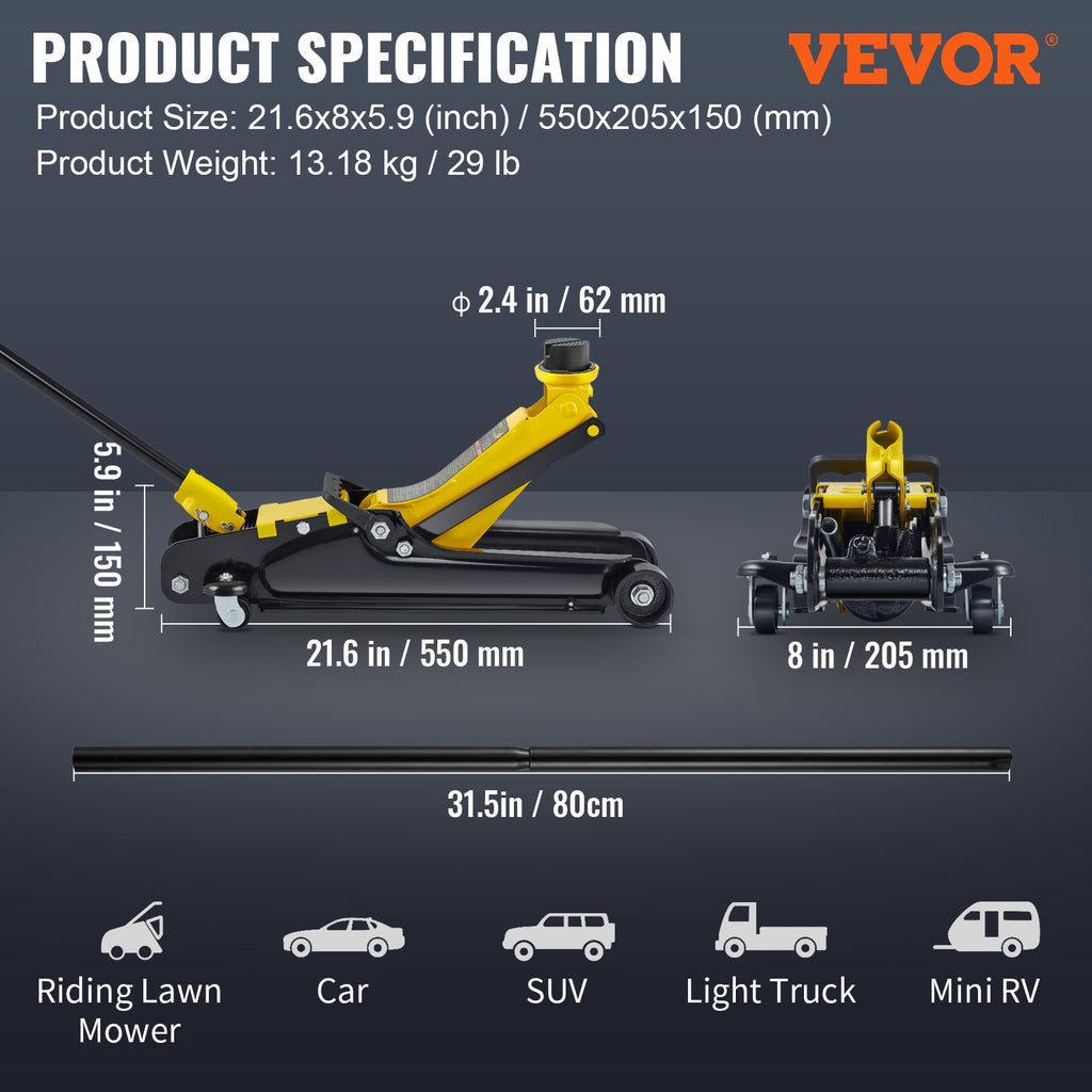 VEVOR faible profilé plancher Jack 2,5 tonnes acier lourd simple Piston hydraulique pompe