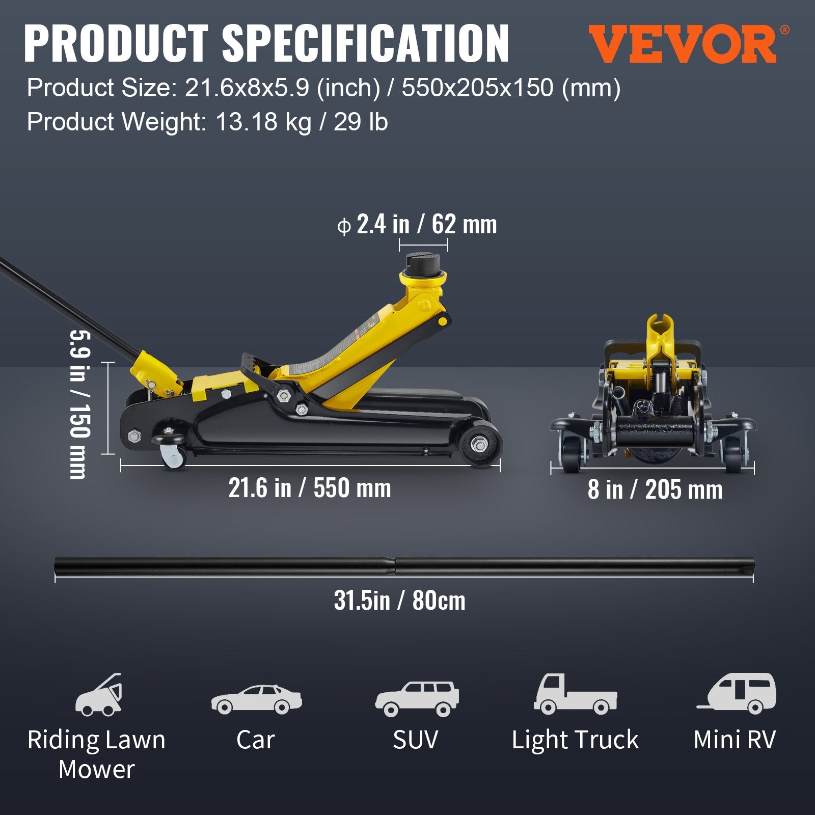 VEVOR faible profilé plancher Jack 2,5 tonnes acier lourd simple Piston hydraulique pompe