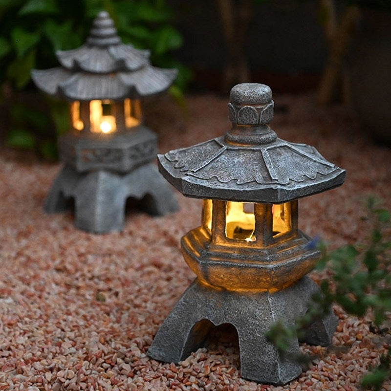 Solar Powered Stone Tower Lampe Chinese Style Lanterne Sol Standing Paysage Orname
