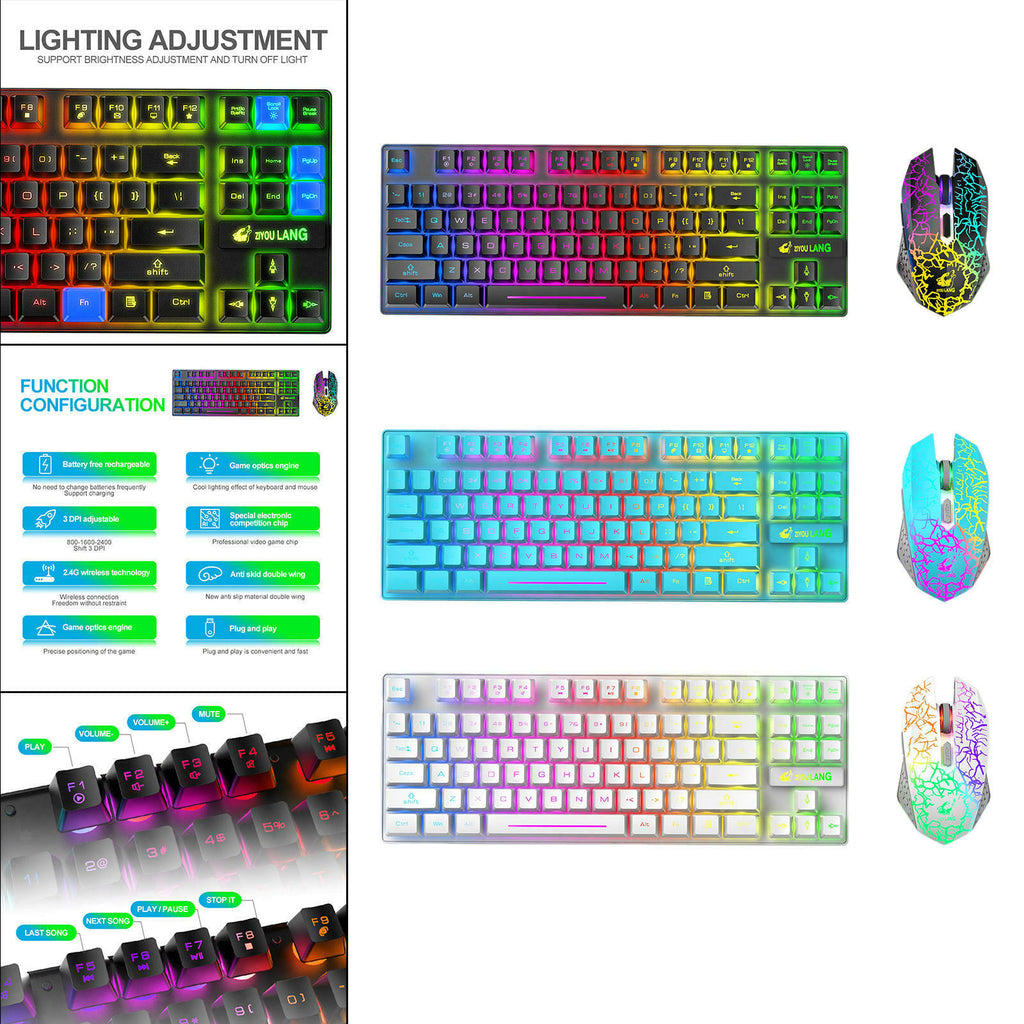 T87 sans fil jeu clavier et souris Rainbow rétroéclairé pour PC Mac PS4 Xbox One