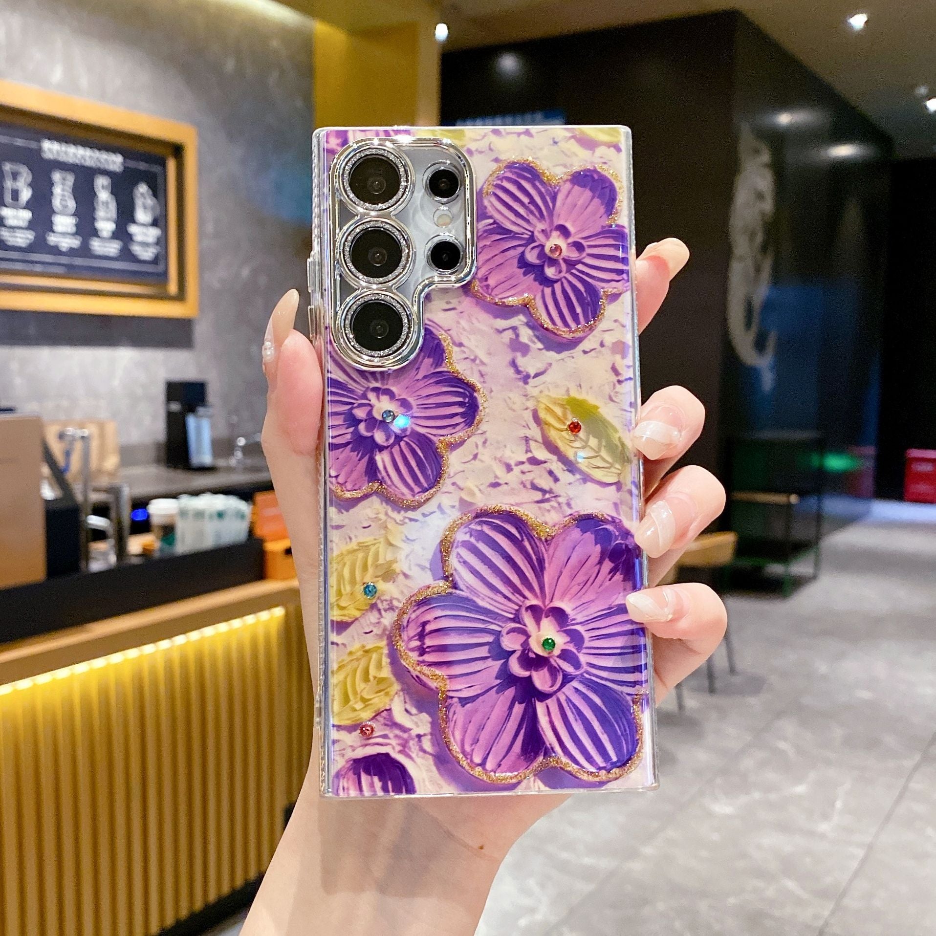 Peinture à l'huile de strass de luxe Flower Phone Case Lens Fine Hole Tout Inclus