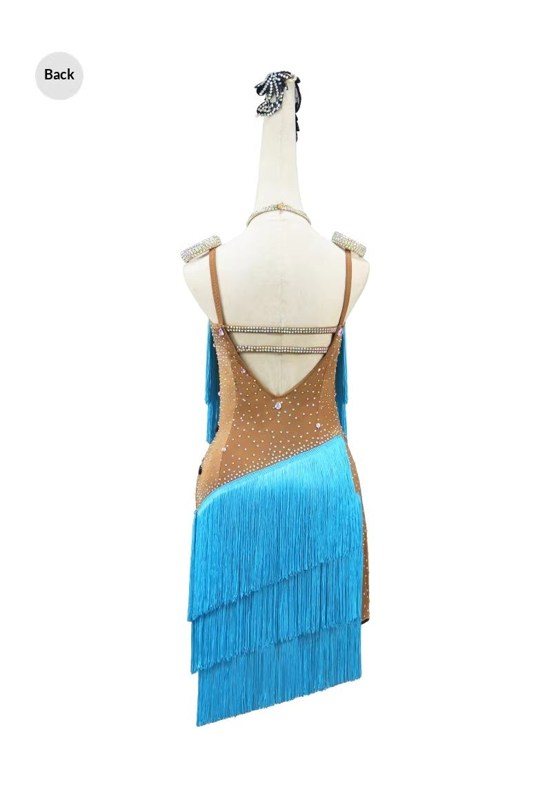 Robe fringée haut de gamme pour les concours professionnels de danse latine en bleu
