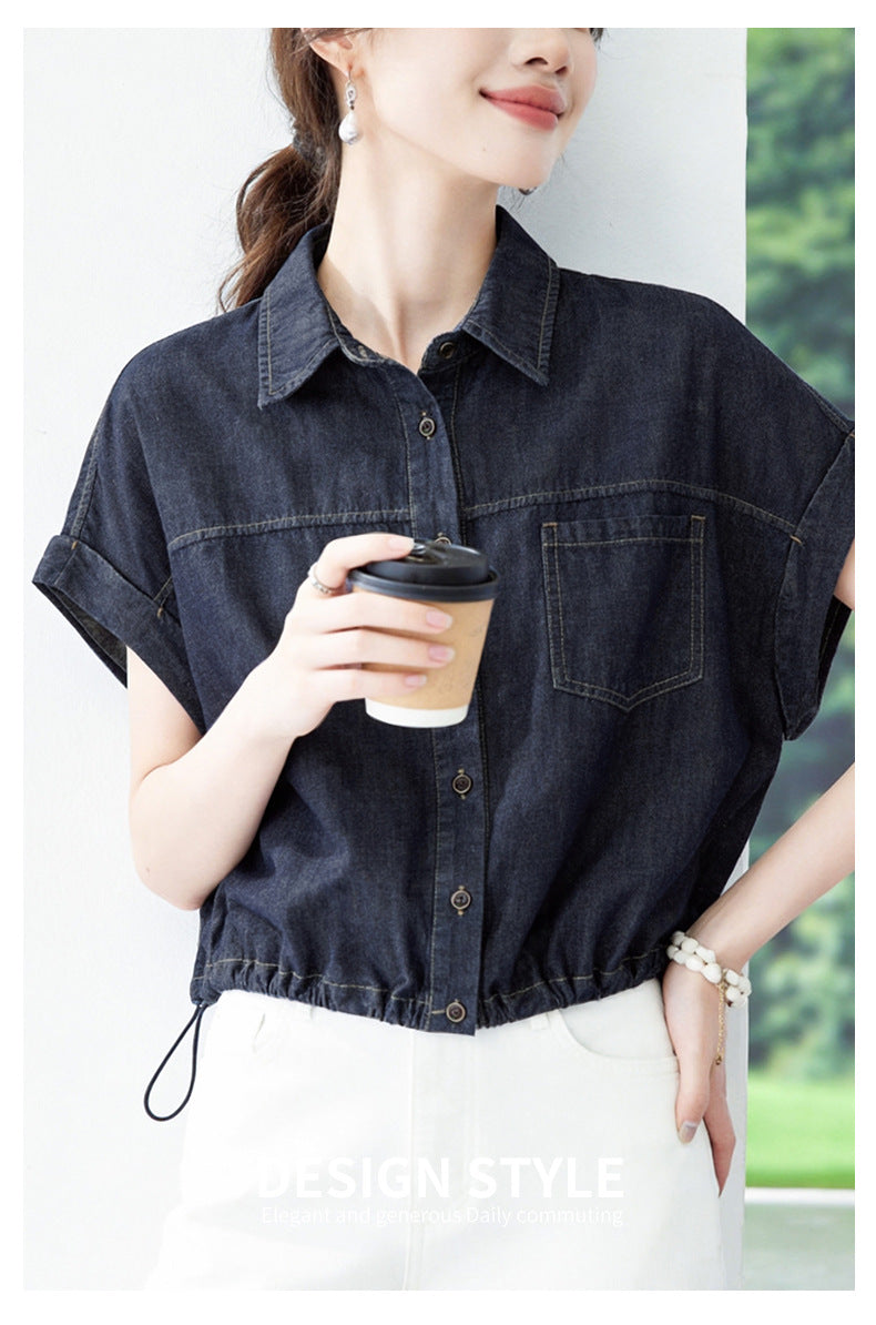 Drawstring Shirt Women's Relaxed-fit Versatile Crop Top Jacket