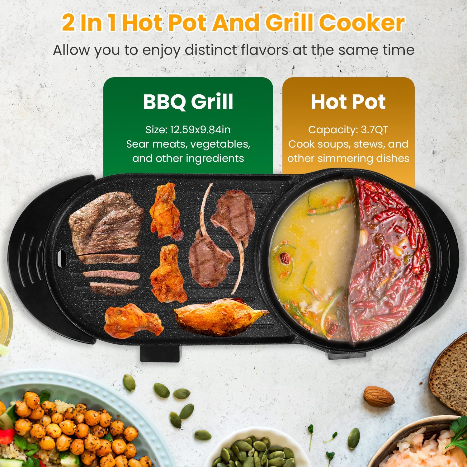 2200W 2 En 1 Pot électrique avec barbecue Grilleur Cuisinière sans fumée Non-Stick Coréen barbecue Grille Shabu