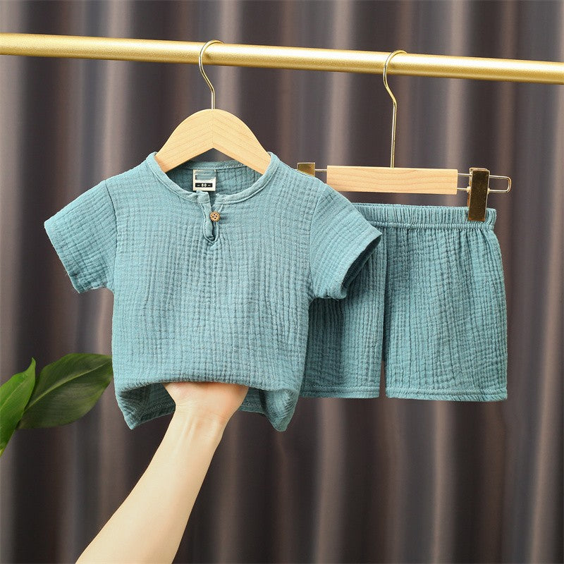 Short-sleeved cotton-linen T-shirt and shorts