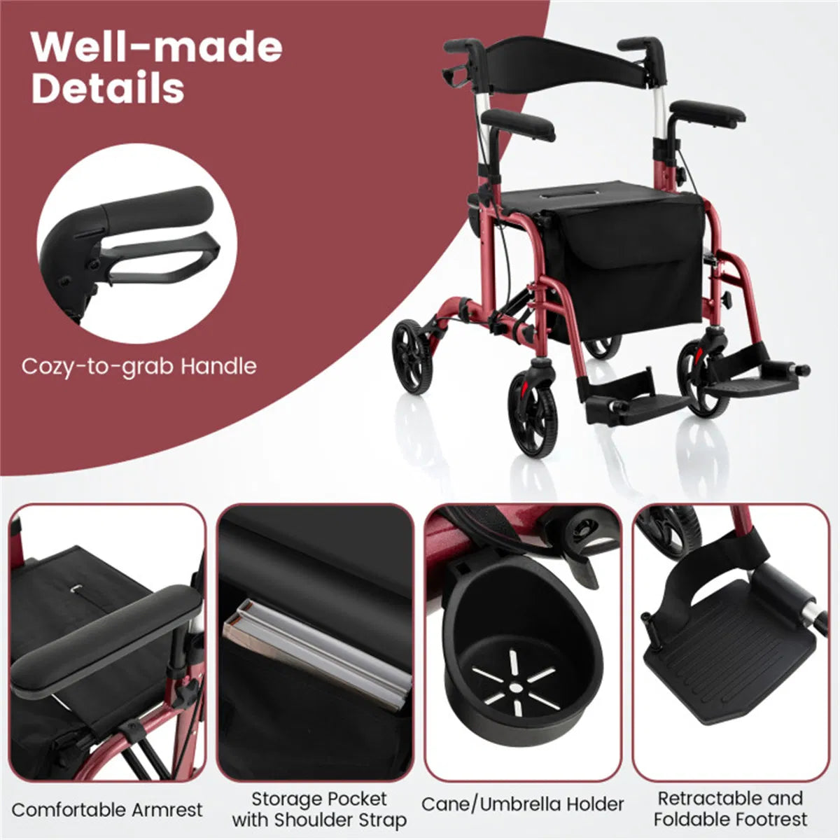 2-en-1 Walker roulant et fauteuil roulant (300lbs): poignées réglables à 6 niveaux