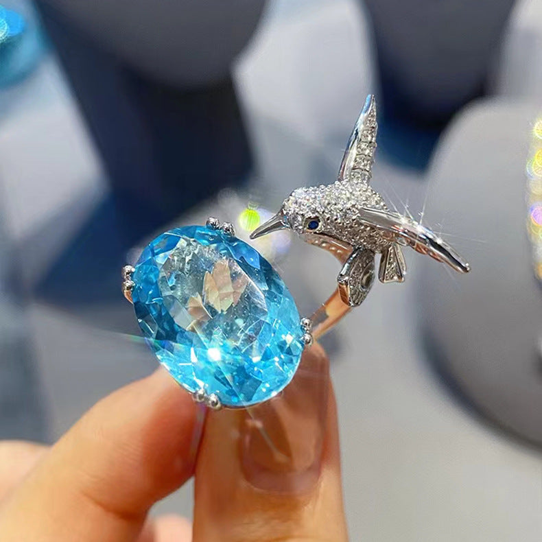 En ligne Celebre Live Selling Simulation Aquamarine Topaz Cummingbird Ouvrir Anneau Femmes Haut