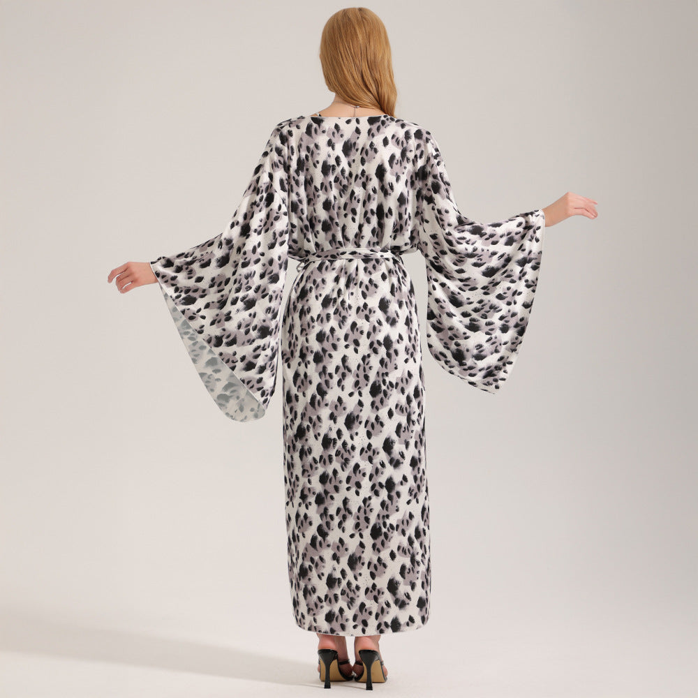 Leopard-Print Satin Mousseline Longues Femmes Robe de salon Ensemble
