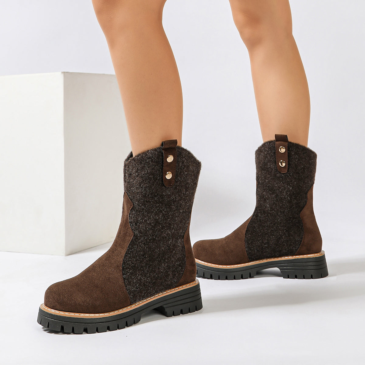 Automne Hiver Arrivée Femmes Plus Taille Vintage Mid-Calf Bottes Suede Bloc Talon Rond Toe Mi