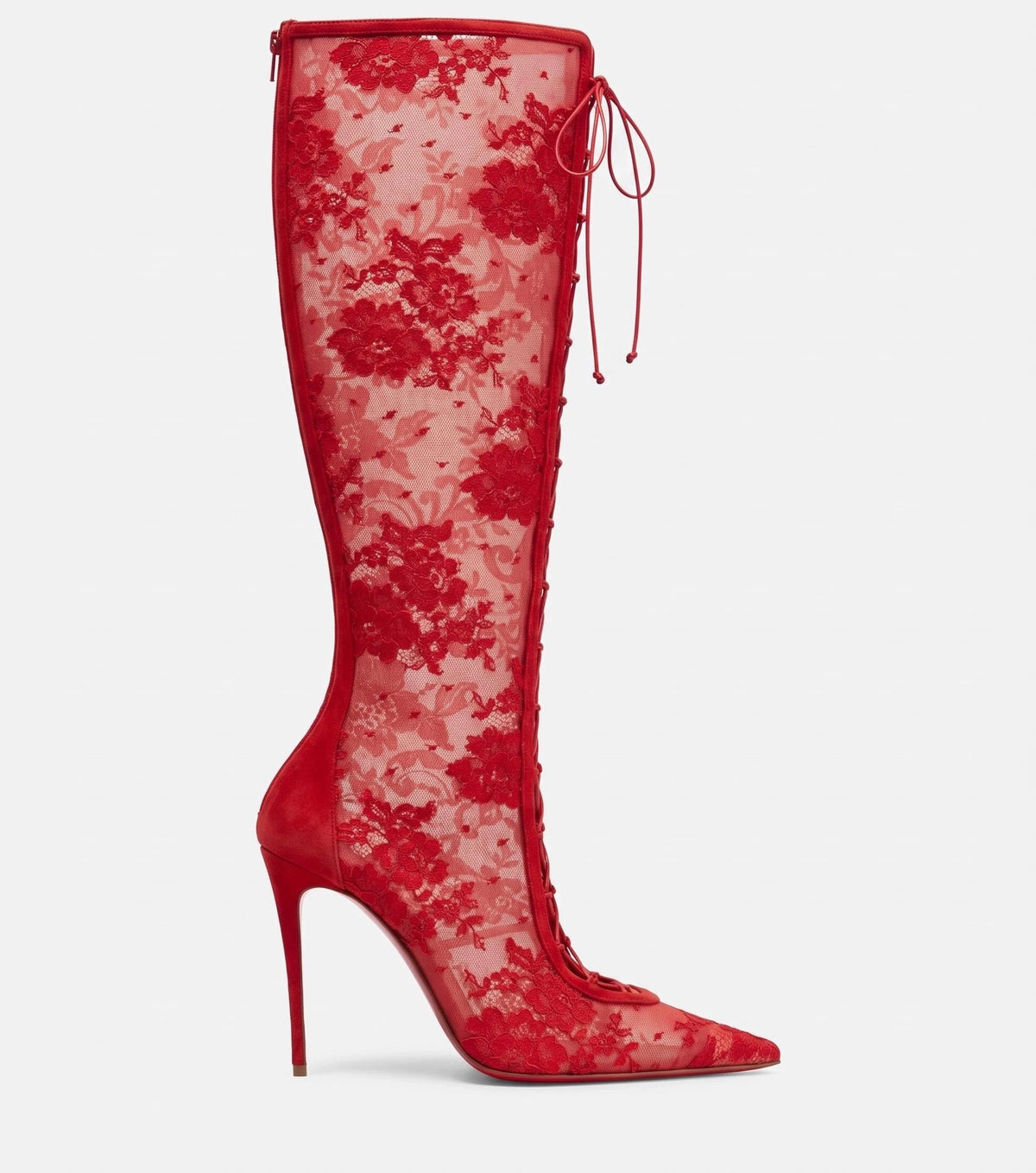 Bottes pointues à talons hauts Sexy Lace Black Bottes sur la cheville Sol rouge