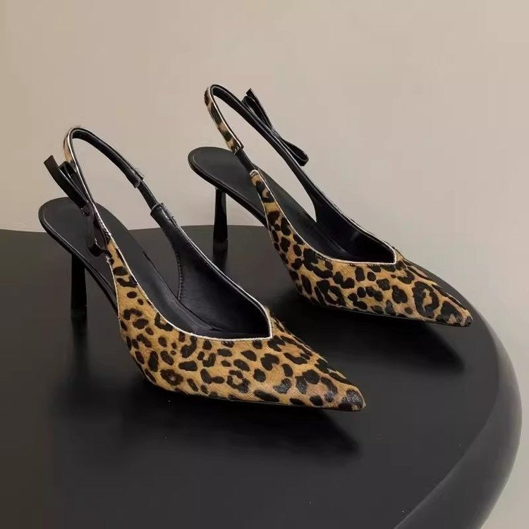 Leopard français imprimé pointu orteil sans dos Sandales pour femmes Stiletto d'été talons hauts Sexe