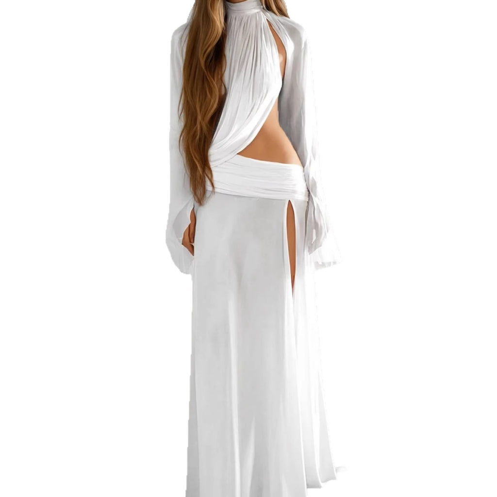 Flared dress with three-dimensional pleats and stacked pants