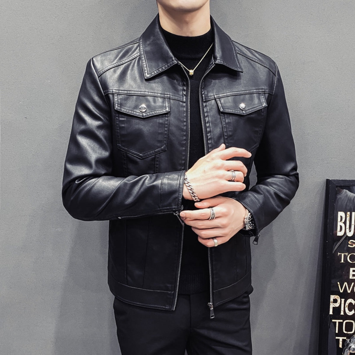 Automne Hiver Hommes Quilted Vêtements en cuir occasionnels