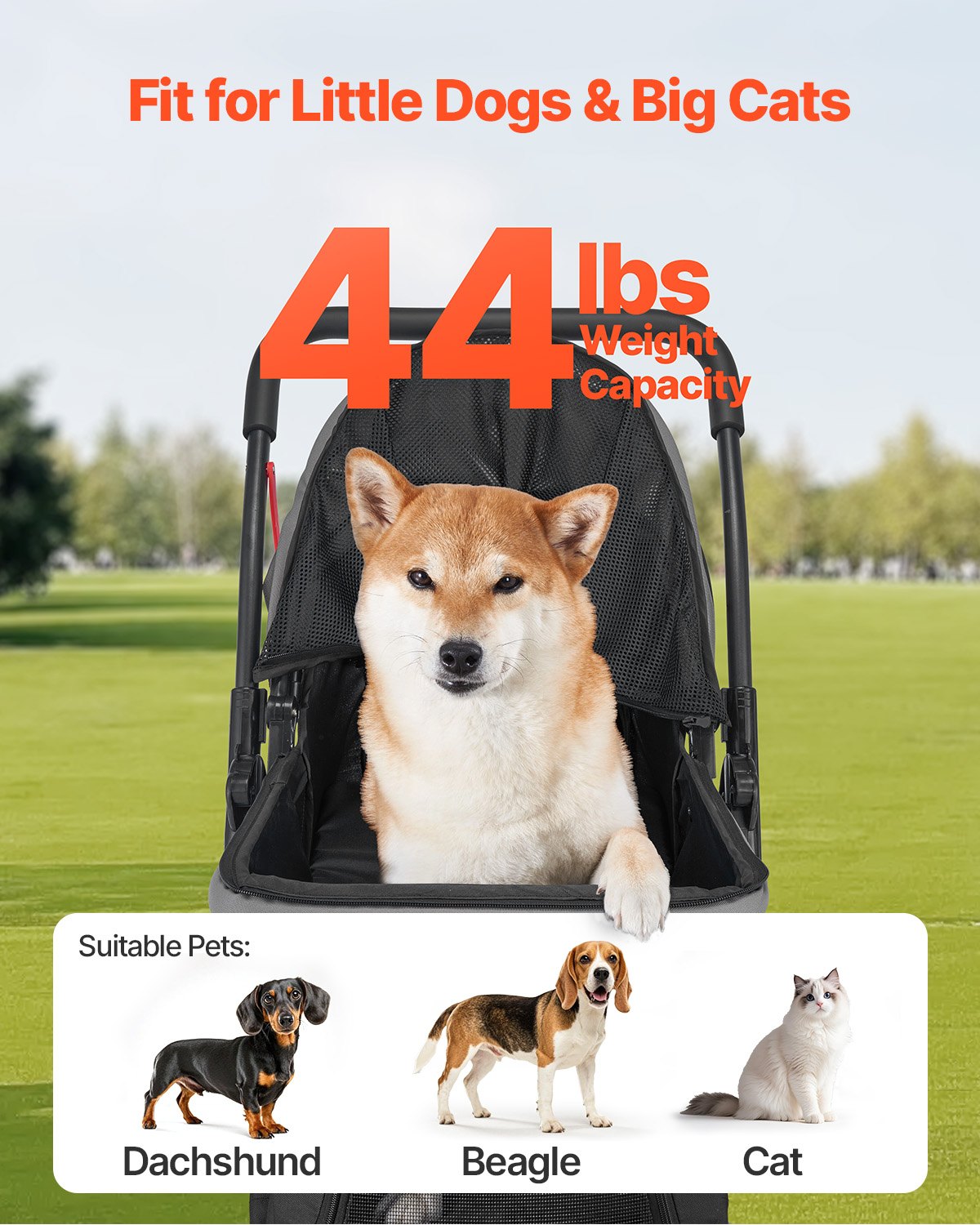 Poussette pour chien pliable 4 roues Poussette pour chien de voyage Poignée réversible jusqu'à 44lbs