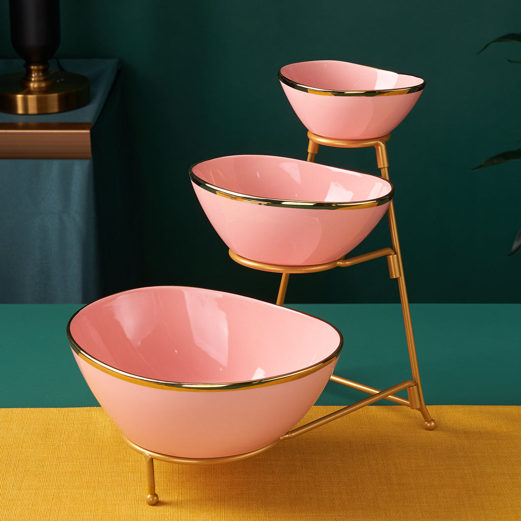 Plateau de fruits en forme de lingot en céramique léger à trois étages pour la maison et le bureau utilisation or-tri