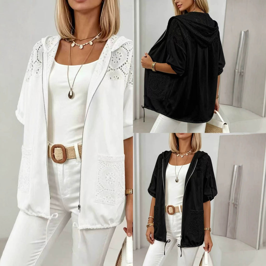 European And American Plus Size Women's Hollow-out à capuche Cardigan Dentelle Stitching Pocket D