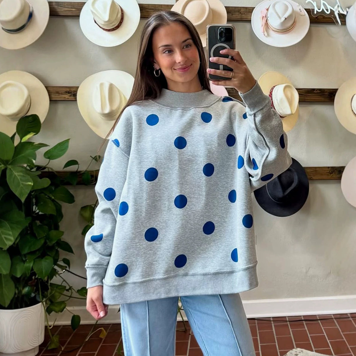 Femmes Relaxed-fit Casual Polka-dot Imprimé Mock-neck Sweatshirt