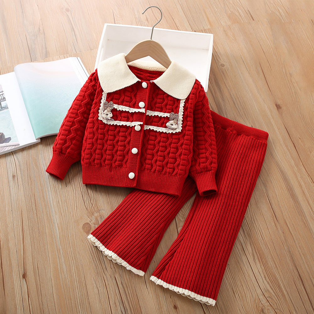 Cardigan tricoté et pantalons de style occidental Set en deux pièces pour bébé fille