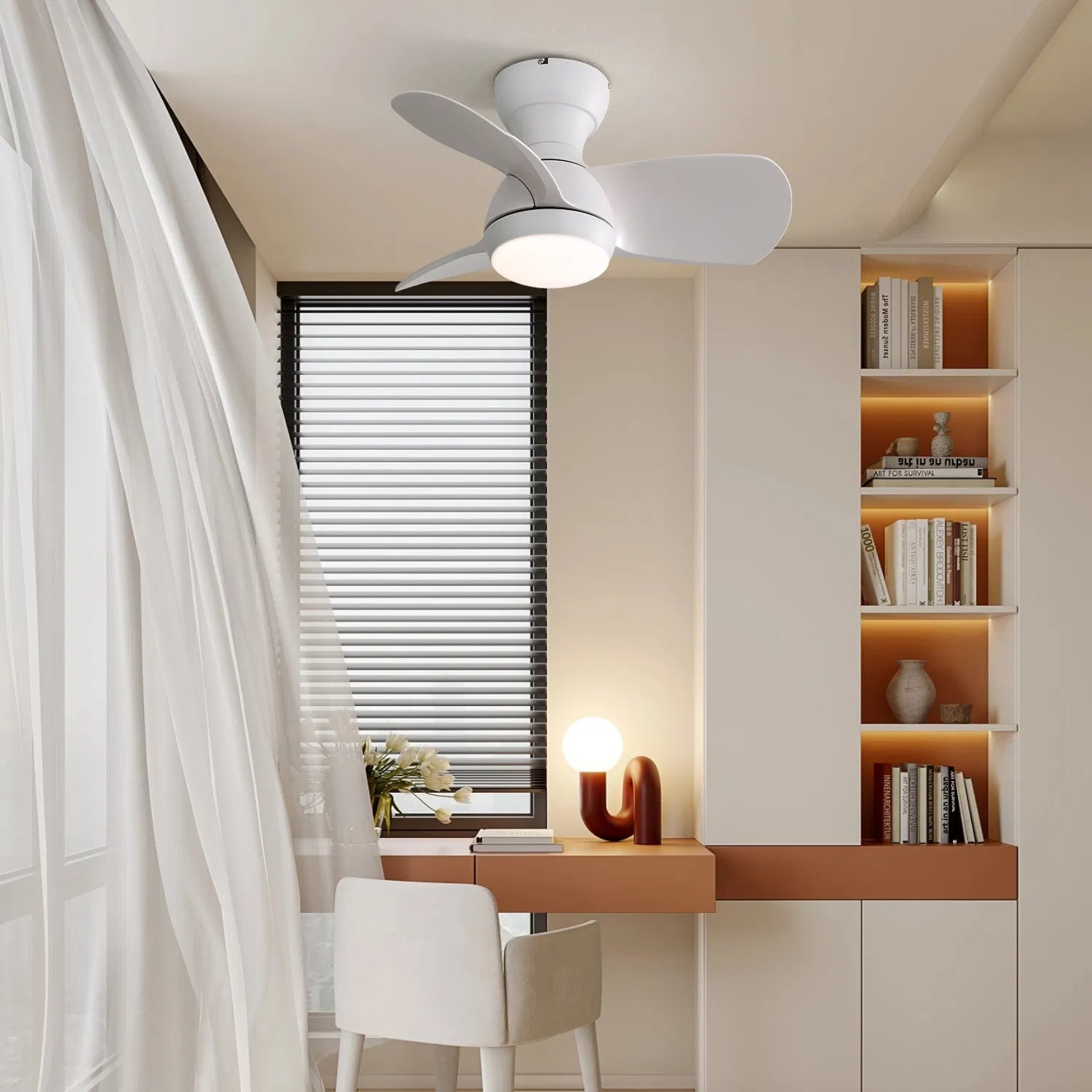 Ventilateur de plafond intérieur 23 pouces avec 3 couleurs dimmables 3 lames ABS Télécommande réversible DC