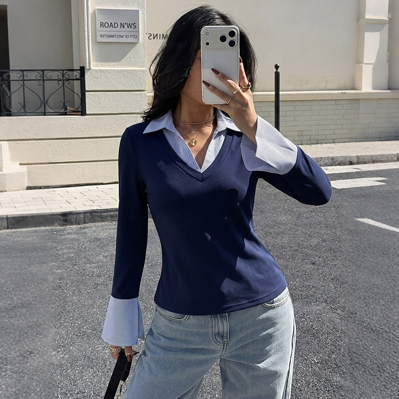 Color-block V-col supérieur ajusté pour les femmes