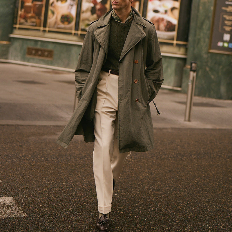 Automne-hiver Hommes mi-longueur Solide-couleur brise-vent avec un collier de lapel