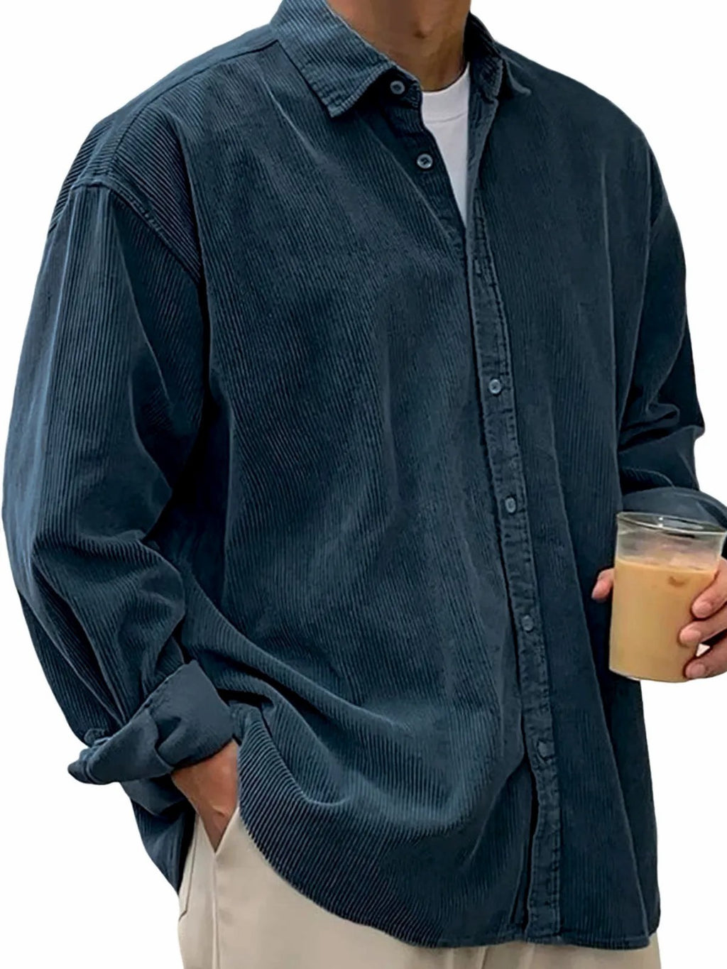 European And American Men's Casual Loose Solid Color Corduroy Lapel Shirt Indépendant Site
