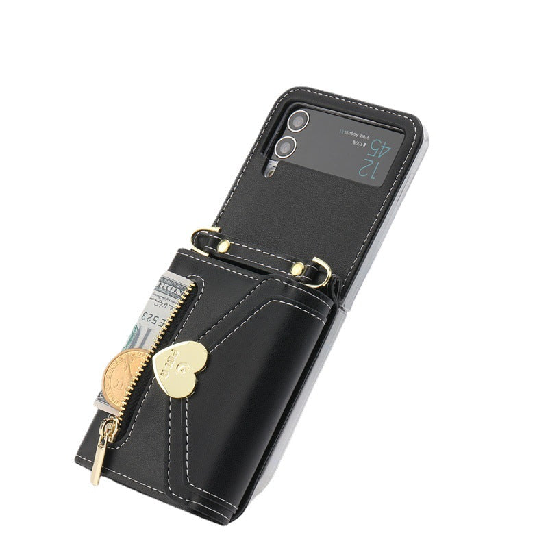 Étui en cuir pliant Coeur en métal Étui téléphone zippé de grande capacité