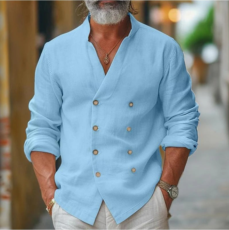 Casual Chic Mandarin-collar chemise coton-lin à manches longues Cardigan Veste