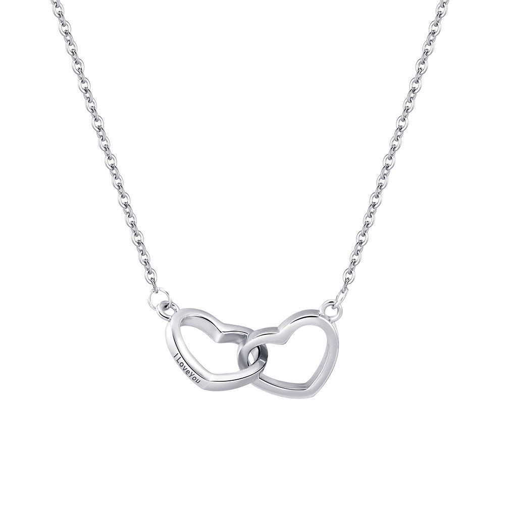 S925 Collier argenté en forme de coeur avec pendentif double coeur gravé