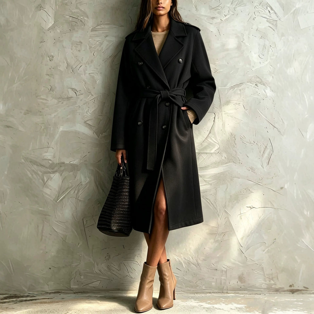 Manteau en laine de longueur moyenne à ceinture double