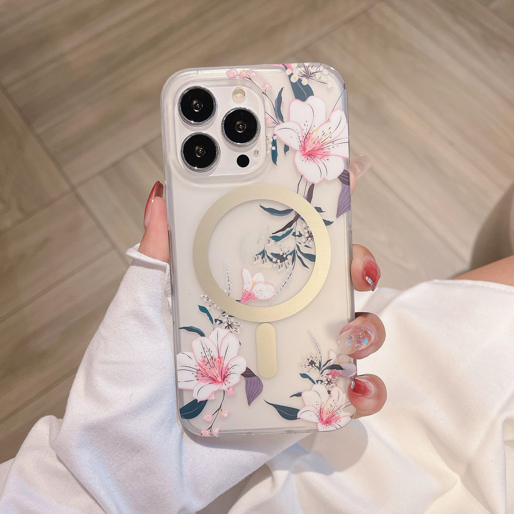 Aspiration magnétique Étui de téléphone de fleur transparent