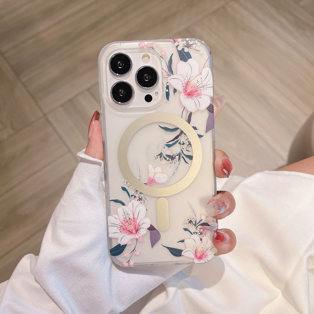 Aspiration magnétique Étui de téléphone de fleur transparent