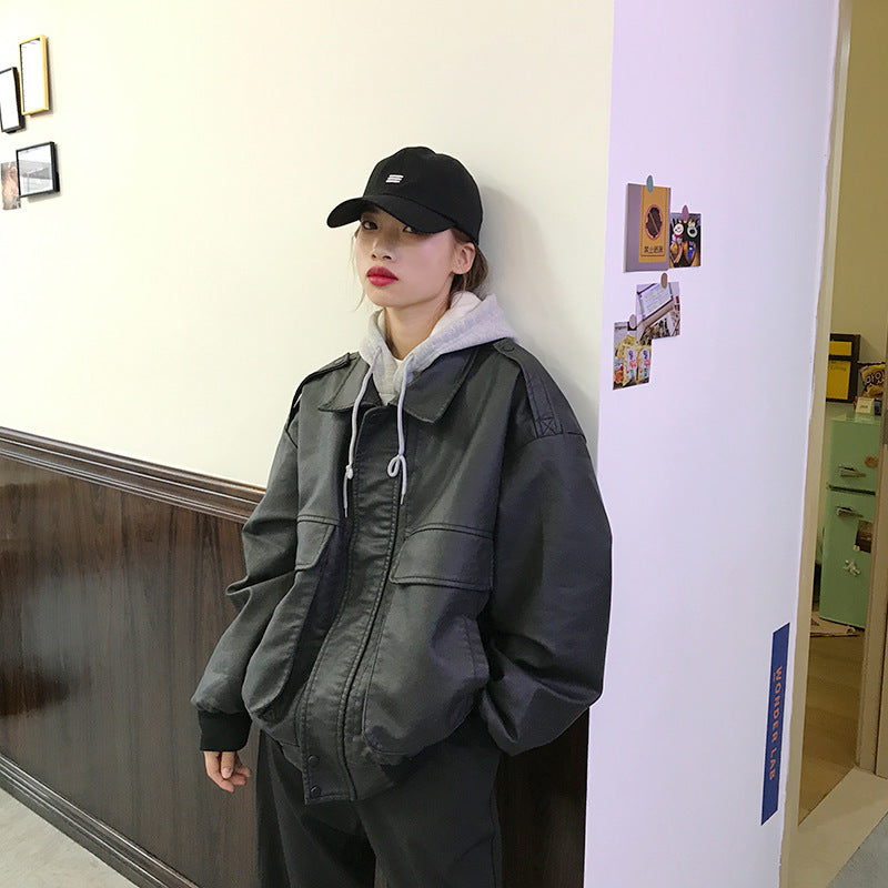 Veste de style Ins Hong Kong pour femme en cuir rétro