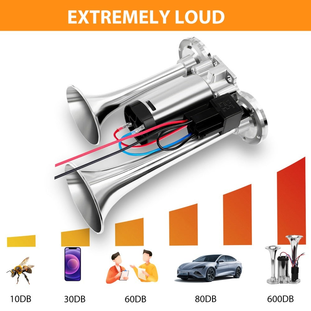 600DB Super Loud Car Truck Boat Dual Trumpet Train 12V Air Horn Compressor Kit
