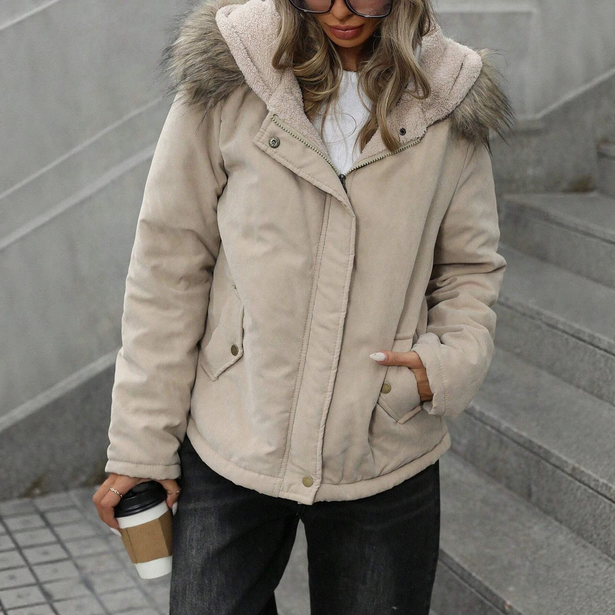Manteau épais avec une veste rembourrée en coton de capot et de collier de fourrure
