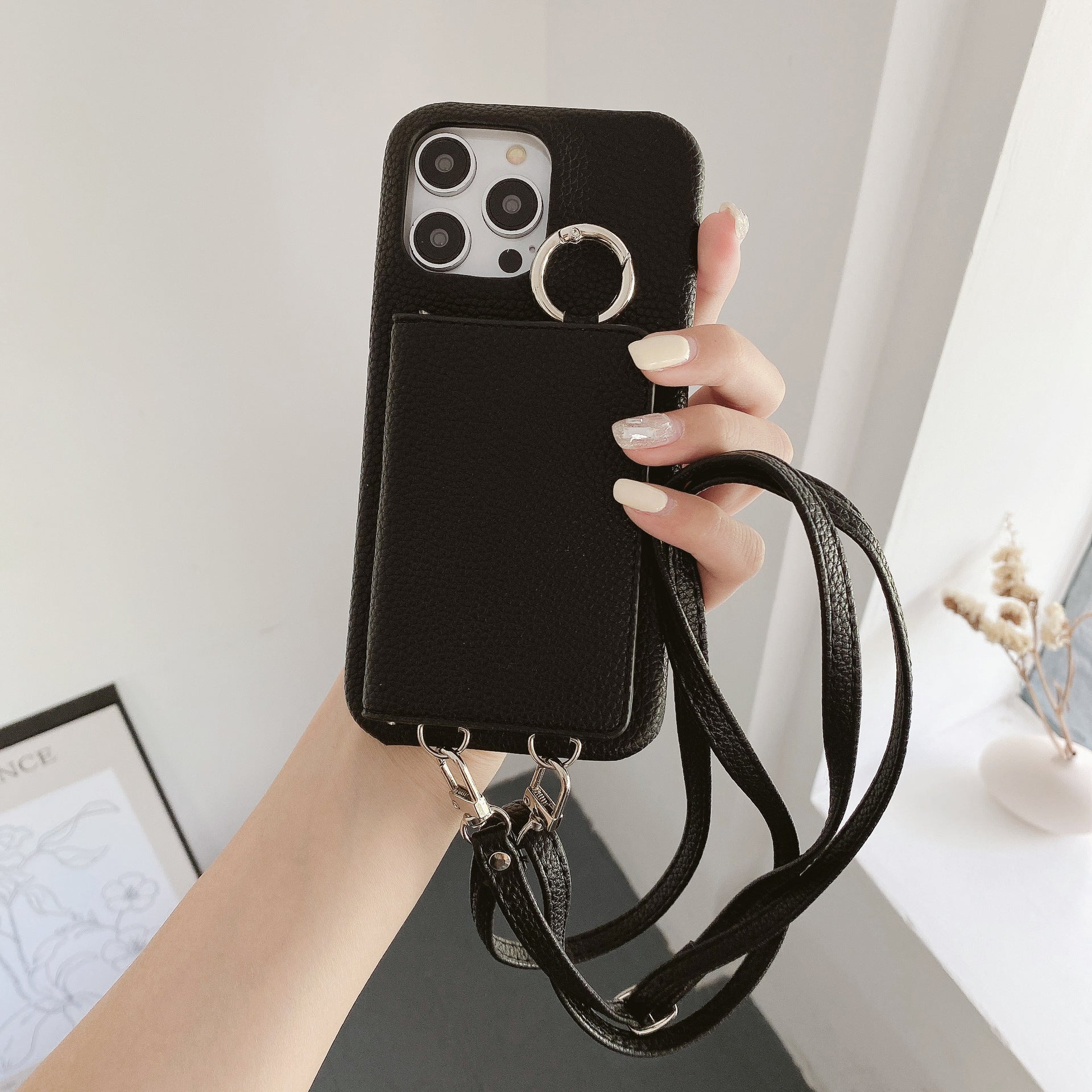 Motif Lychee Gauche et Droite Ouvert Miroir Beauté Étui de téléphone Lanyard
