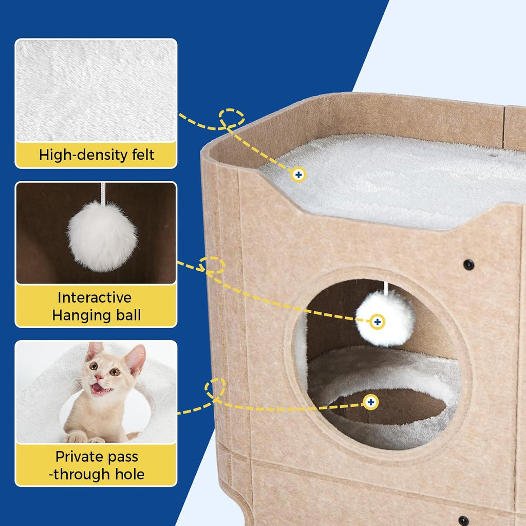 ABCPET Cat House Indoor Felt Cat Bed Scratch-résistant Kitten Cube avec lampe à bille suspendue