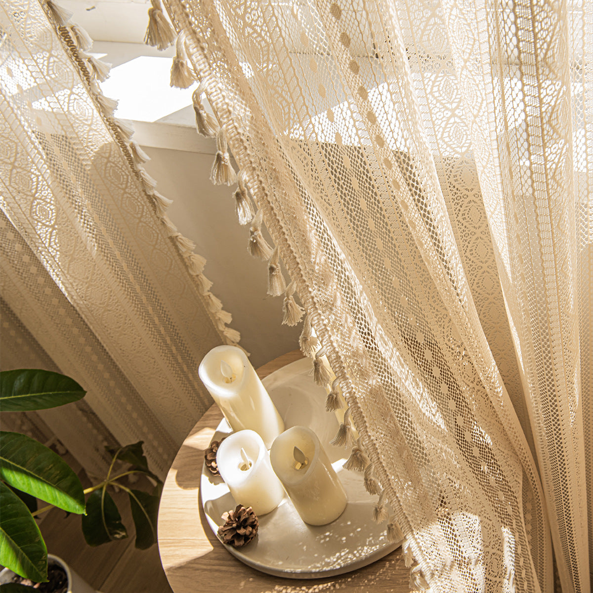 Couleur bois Dentelle Mesh Rideaux Chambre à coucher