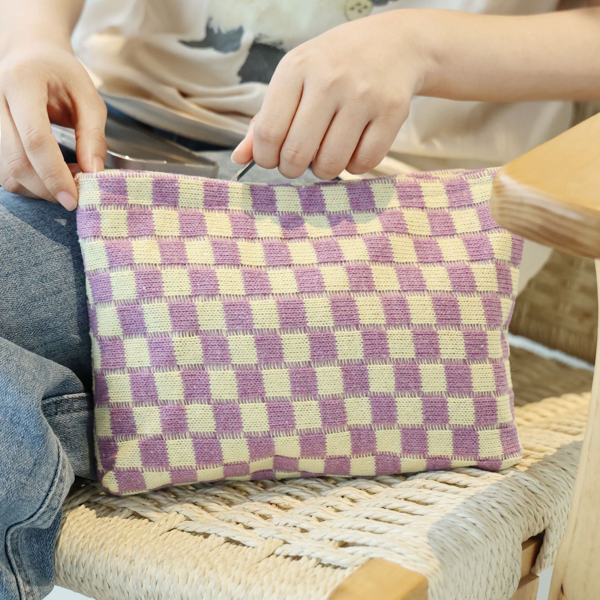 Sac de maquillage de tableau de vérification de fils de grande capacité