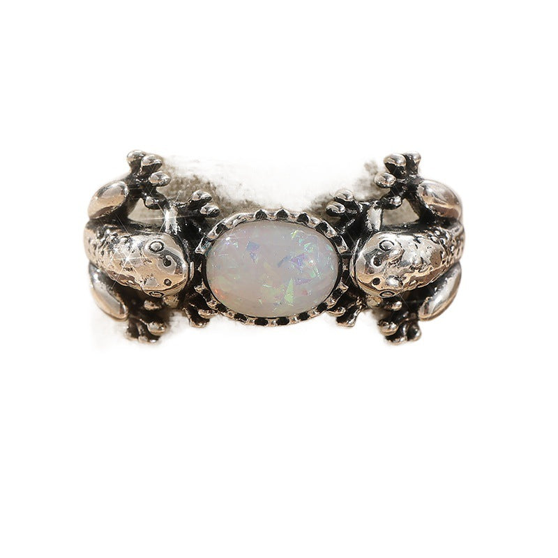 Vintage grenouille bague en pierre irisé argent ton laiton femmes animal déclaration party mode