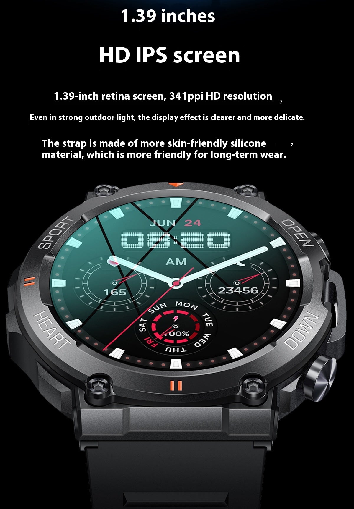 Call Musique Météo Fréquence cardiaque Pression artérielle Smart Watch