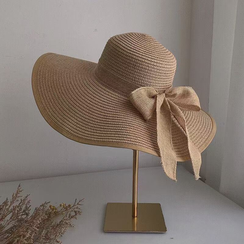 Chapeau de style français Bow Straw pour femmes Protection solaire d'été avec une large brim