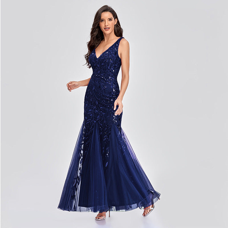Robe de soirée européenne et américaine Col V Tulle Brodé Paillettes Sexy Sirène Prom Dre