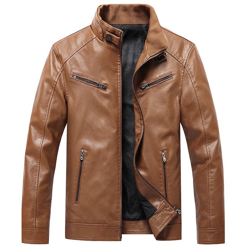 Men's Fleece rembourré Coat Casual style coréen Stand Collar PU veste en cuir tendance jeunesse