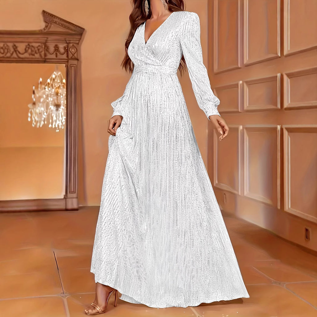 Élégant dîner à manches longues à paillettes Col V Robe de soirée haute taille