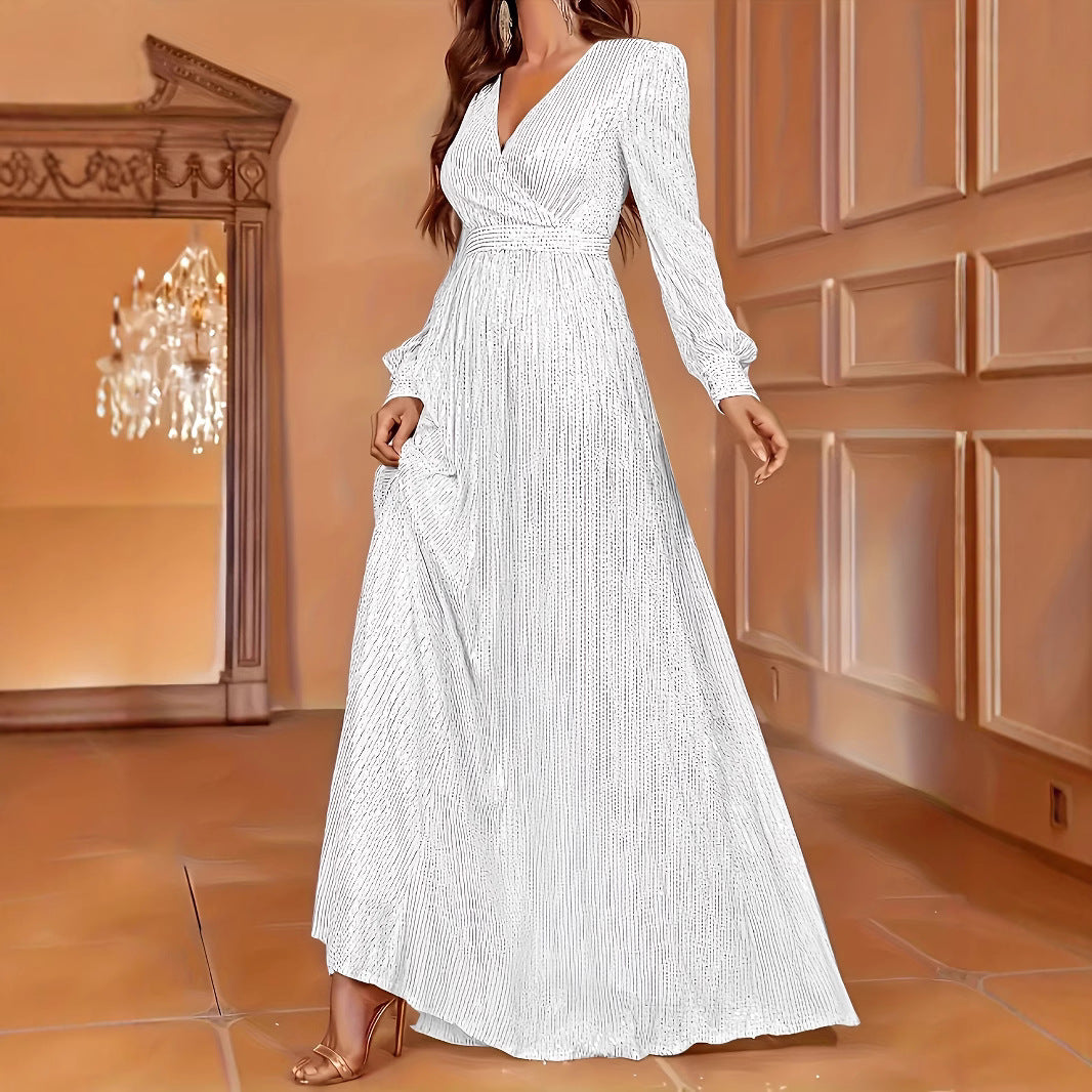 Élégant dîner à manches longues à paillettes Col V Robe de soirée haute taille
